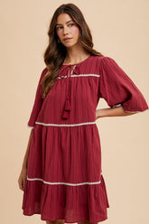 Annie Wear Tassel Contrast Trim Tie Neck Half Sleeve Tiered Dress Burgundy OutfitFlow